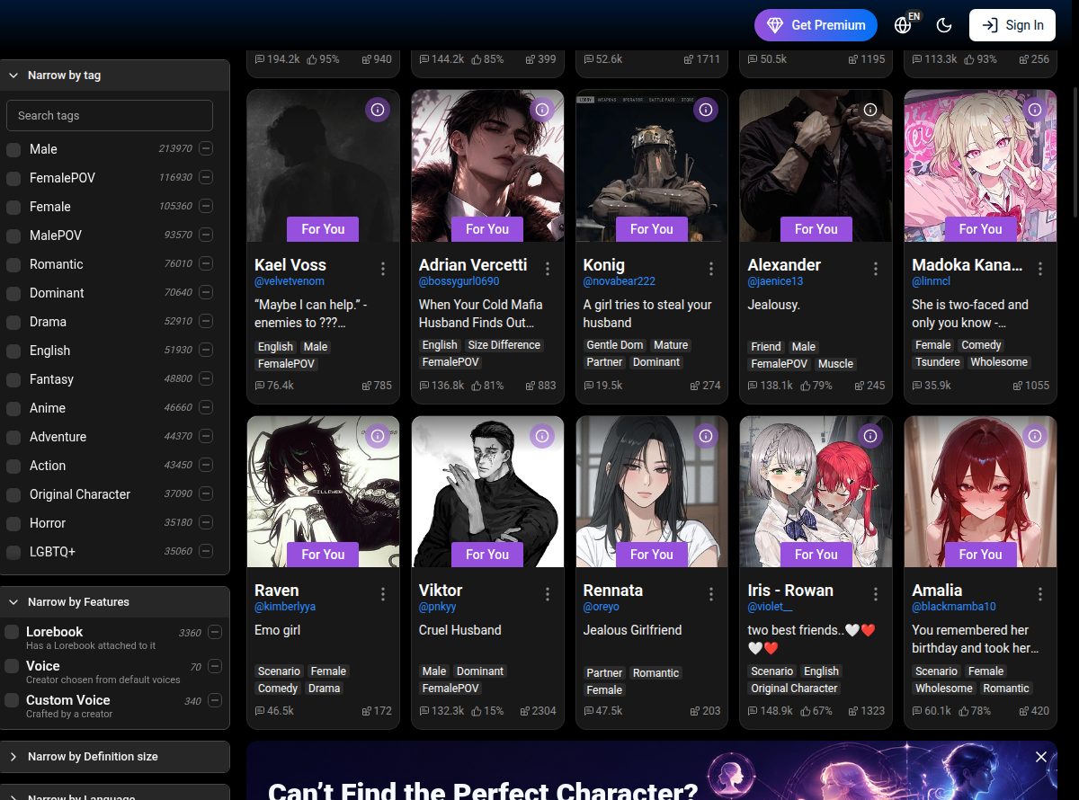 Siatka kart SpicyChat z banerem Can't Find the Perfect Character? u dołu